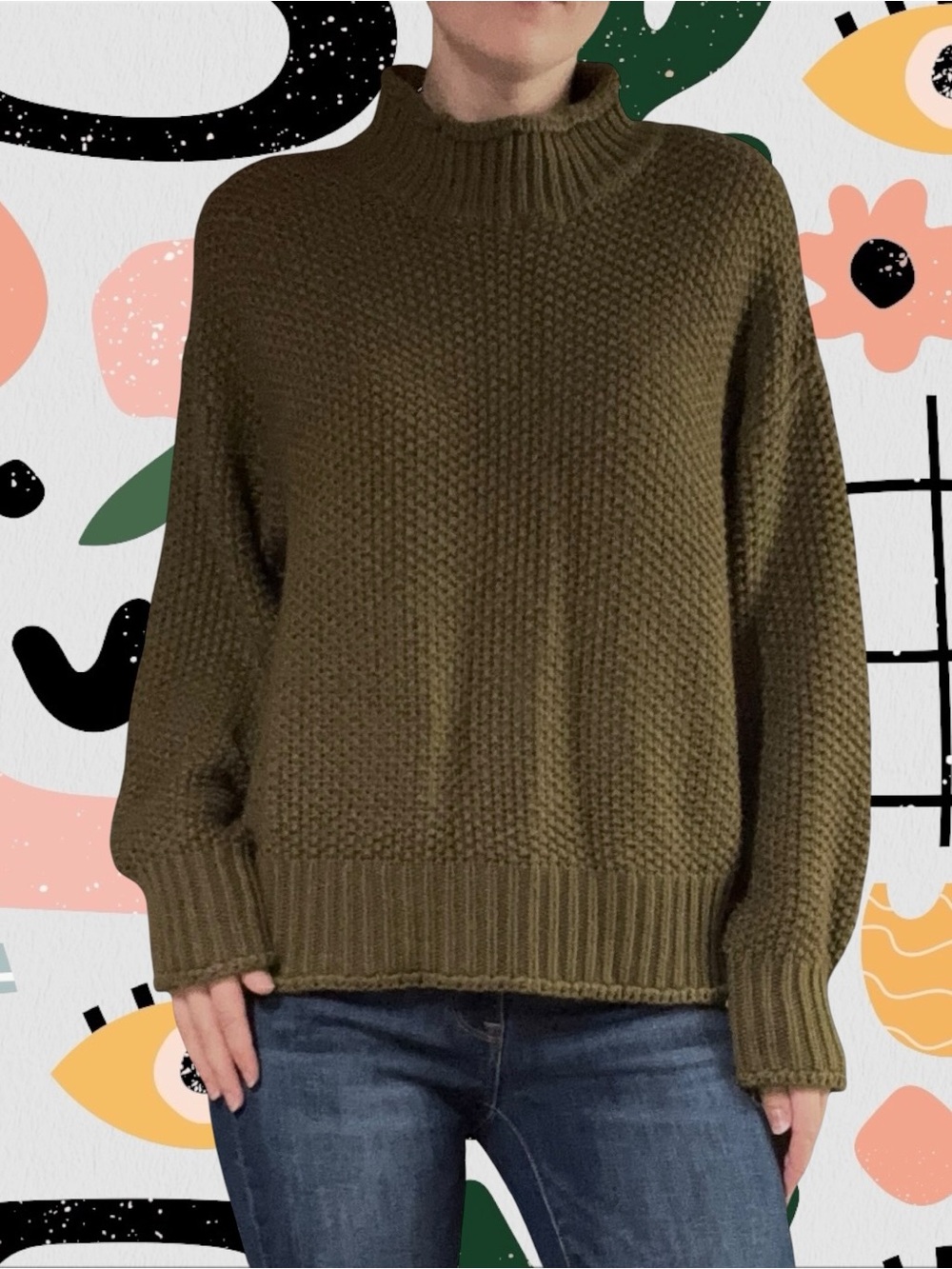Kayamiya | Olive Green Boxy Oversized Mockneck Knit Sweater